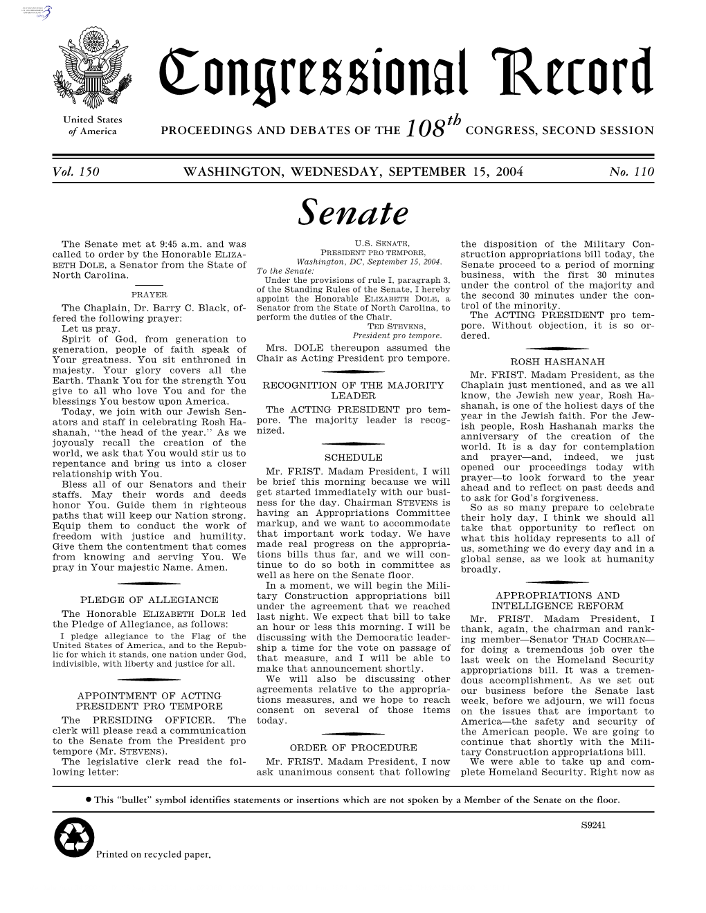 Congressional Record United States Th of America PROCEEDINGS and DEBATES of the 108 CONGRESS, SECOND SESSION