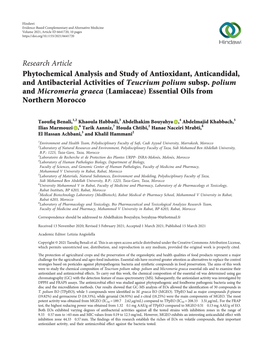 Phytochemical Analysis and Study of Antioxidant, Anticandidal, and Antibacterial Activities of Teucrium Polium Subsp