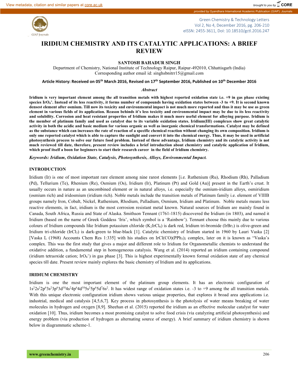 Iridium Chemistry and Its Catalytic Applications: a Brief Review