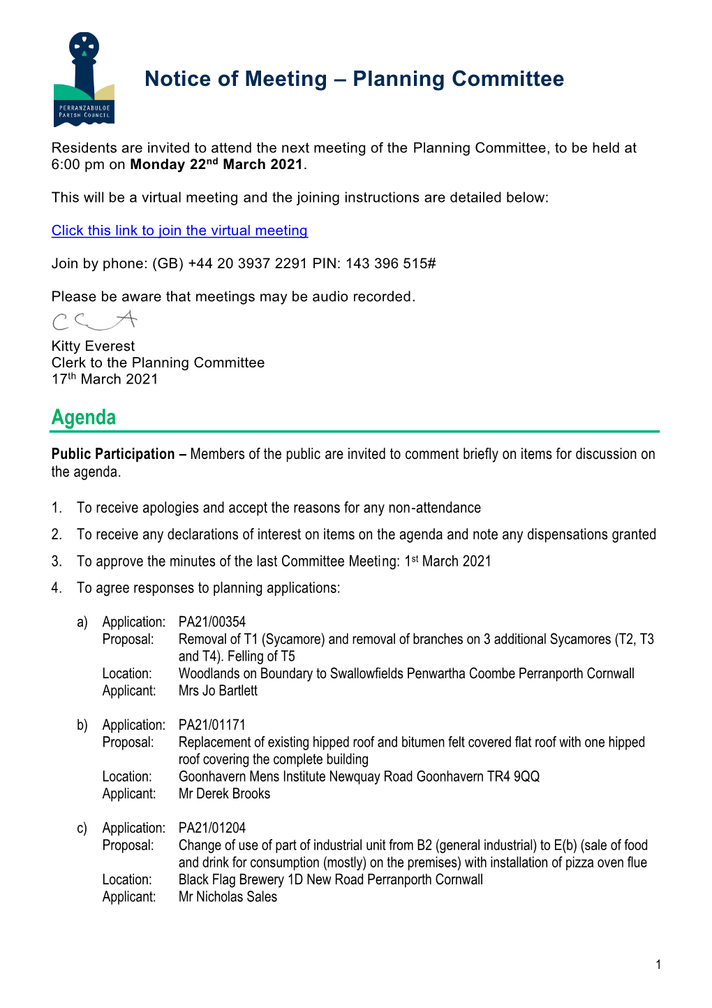 Notice of Meeting – Planning Committee Agenda