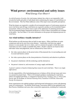 Wind Power: Environmental and Safety Issues Wind Energy Fact Sheet 4