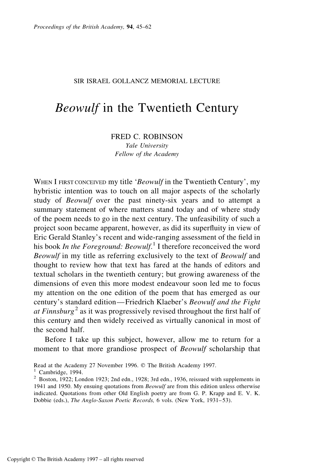 Beowulf in the Twentieth Century