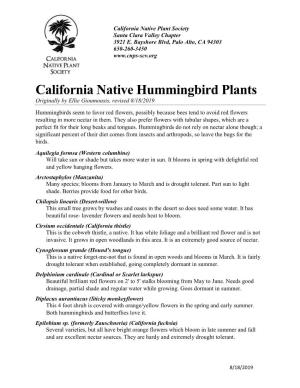 California Native Hummingbird Plants Originally by Ellie Gioumousis, Revised 8/18/2019