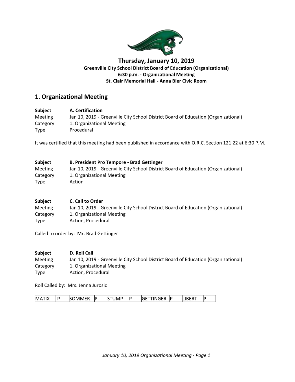 Thursday, January 10, 2019 1. Organizational Meeting