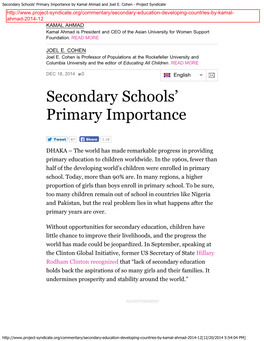 Secondary Schools' Primary Importance by Kamal Ahmad And