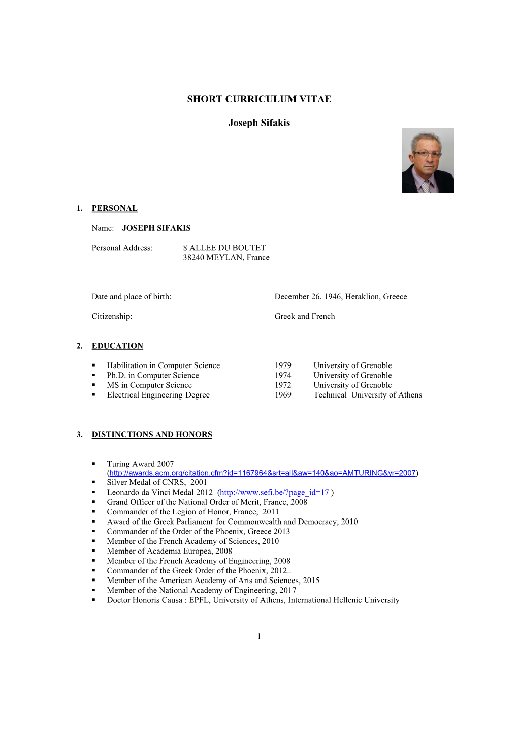 SHORT CURRICULUM VITAE Joseph Sifakis