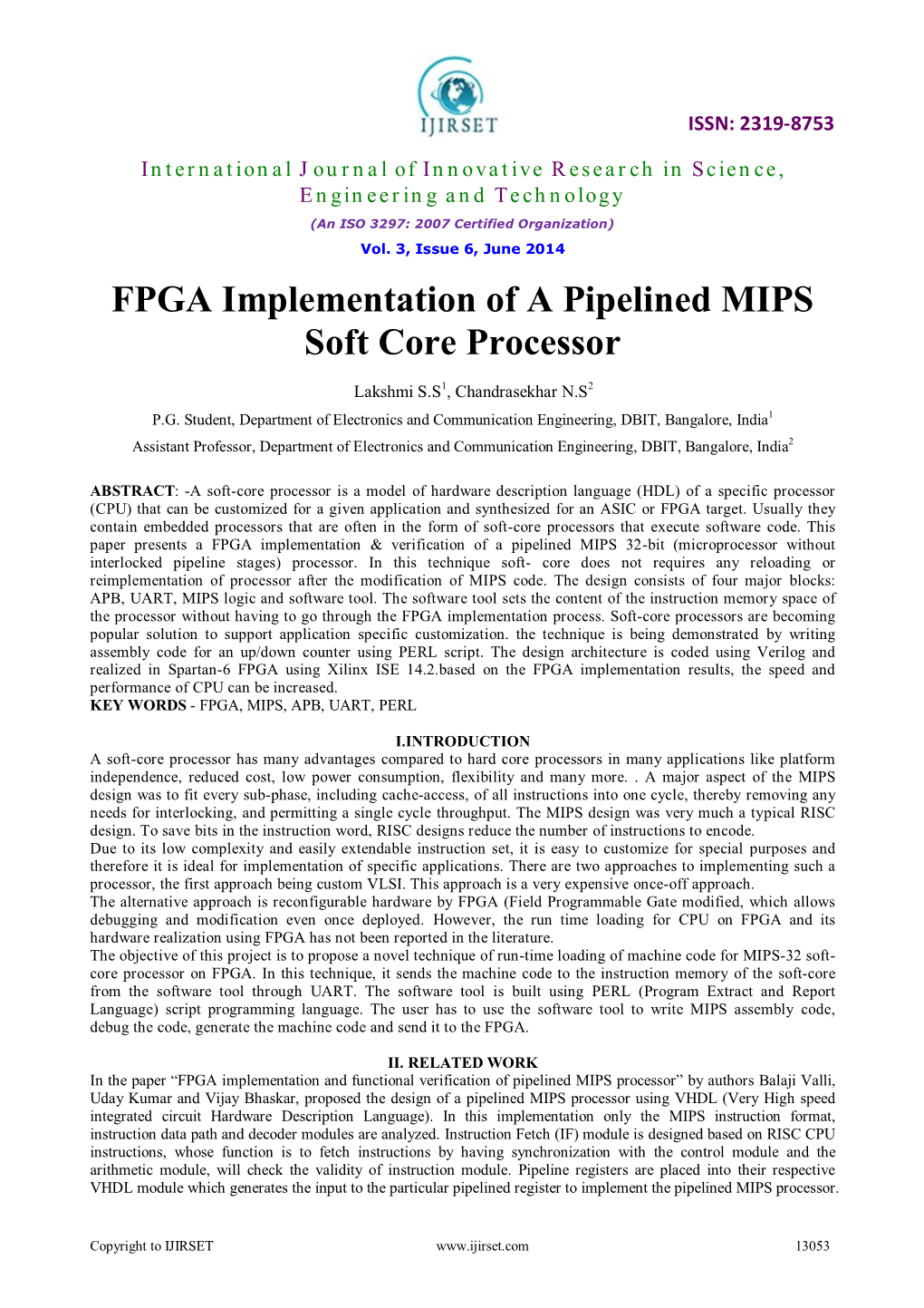 FPGA Implementation of a Pipelined MIPS Soft Core Processor