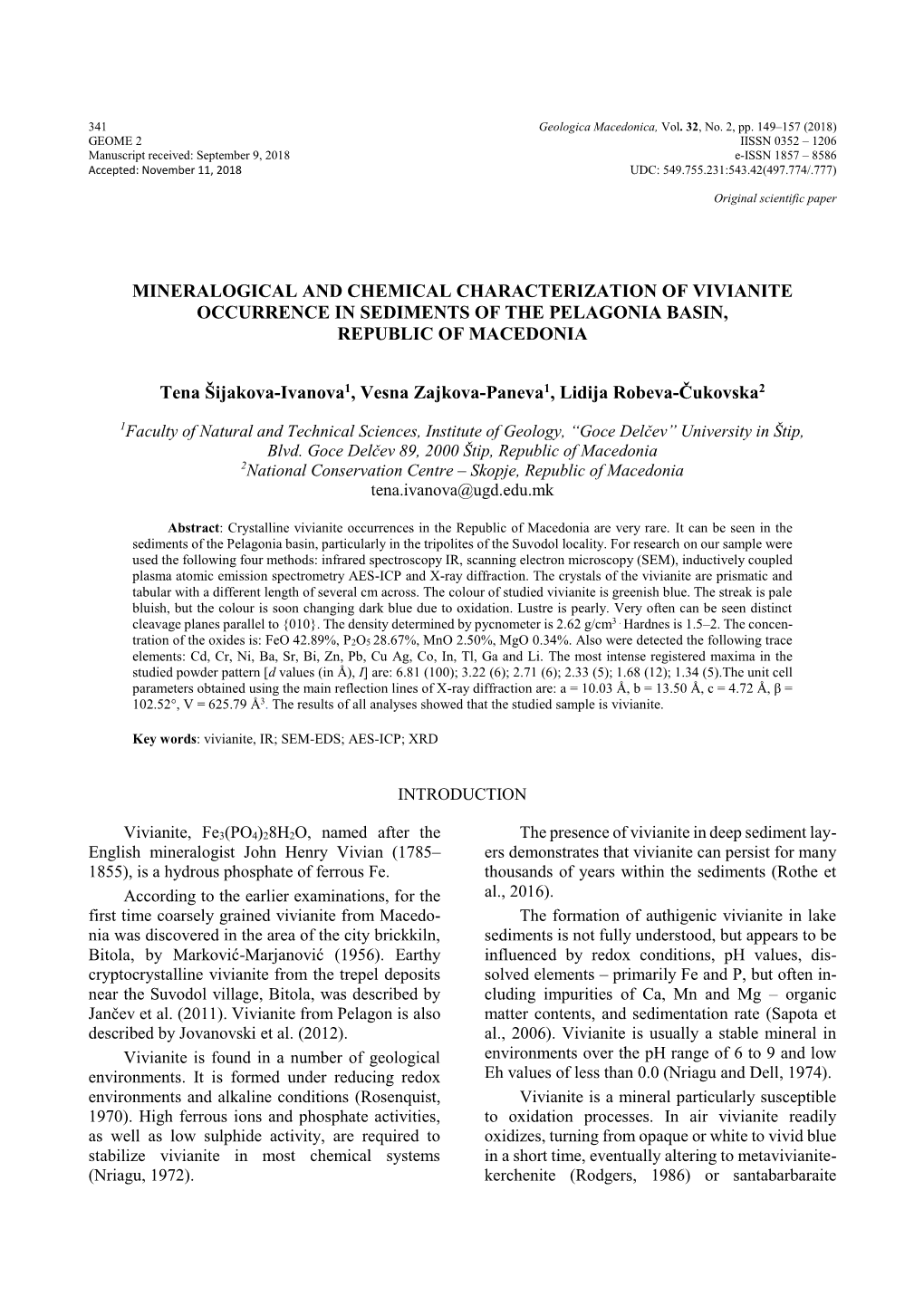 Mineralogical and Chemical Characterization of Vivianite Occurrence in Sediments of the Pelagonia Basin, Republic of Macedonia