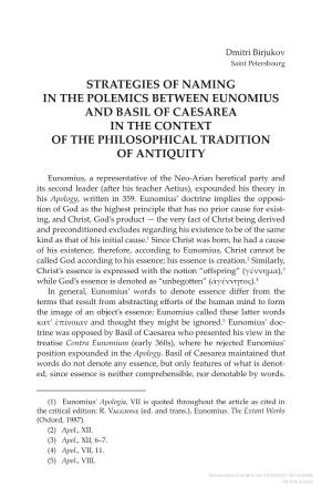 Strategies of Naming in the Polemics Between Eunomius and Basil of Caesarea in the Context of the Philosophical Tradition of Antiquity