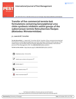 Transfer of Five Commercial Termite Bait Formulations Containing Benzoylphenyl Urea Chitin Synthesis Inhibitors Within Groups Of