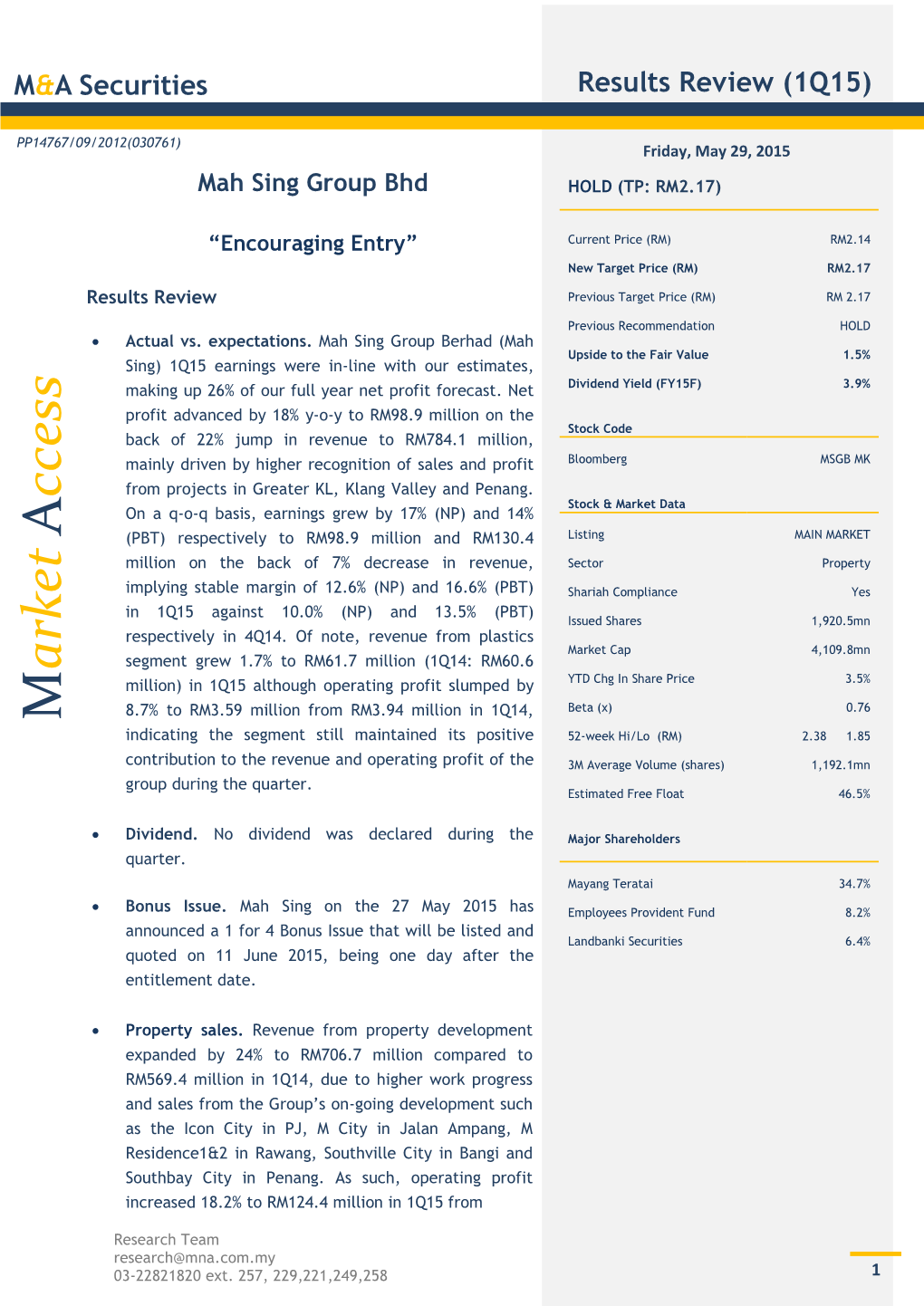 Mah Sing Group Bhd HOLD (TP: RM2.17)