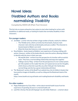 Disabled Authors and Books Normalising Disability Compiled by KEEN UK (Plain Text Version)