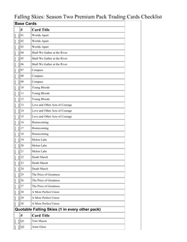 Falling Skies: Season Two Premium Pack Trading Cards Checklist