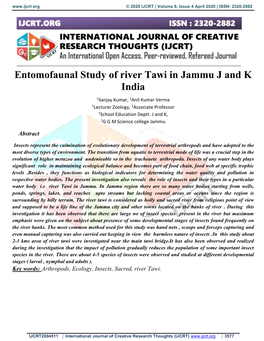 Entomofaunal Study of River Tawi in Jammu J and K India