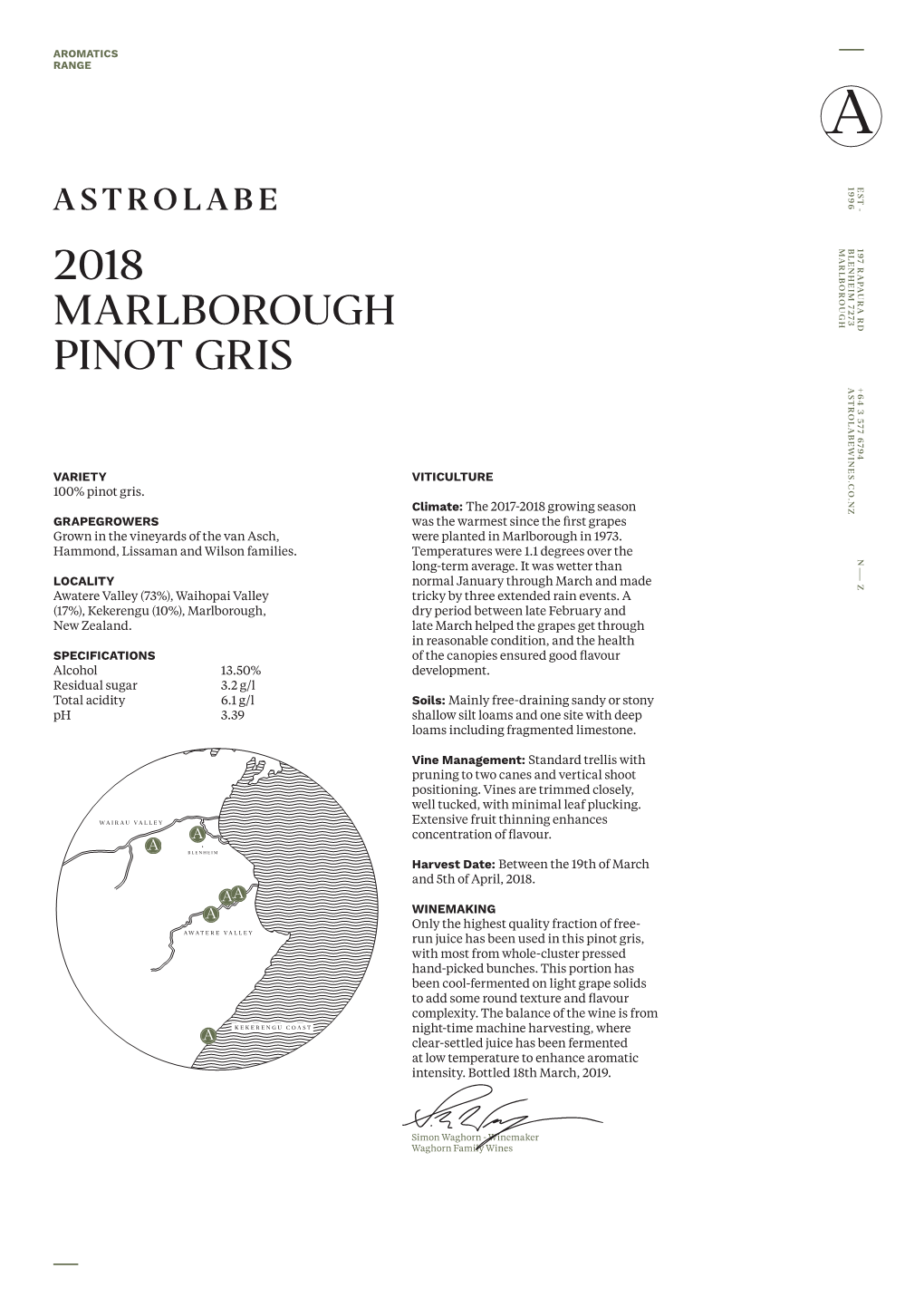 2018 Marlborough Pinot Gris Astrolabewines.Co.Nz +64 3 577 6794