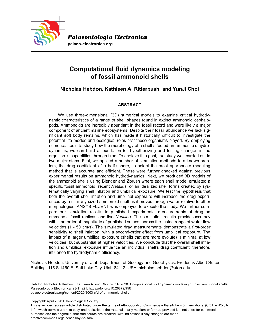 Computational Fluid Dynamics Modeling of Fossil Ammonoid Shells