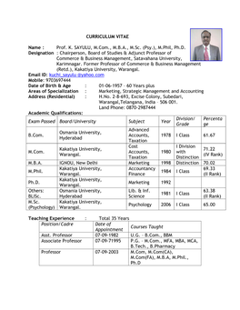 CURRICULUM VITAE Name : Prof. K. SAYULU, M.Com., MBA, M.Sc