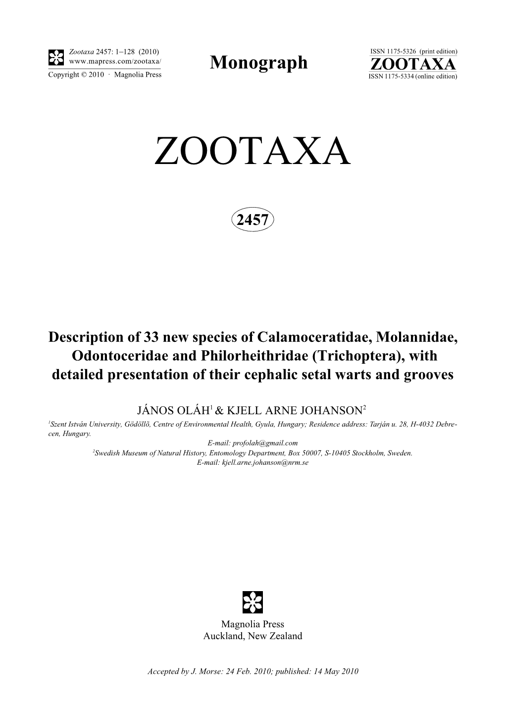 Zootaxa, Description of 33 New Species of Calamoceratidae, Molannidae