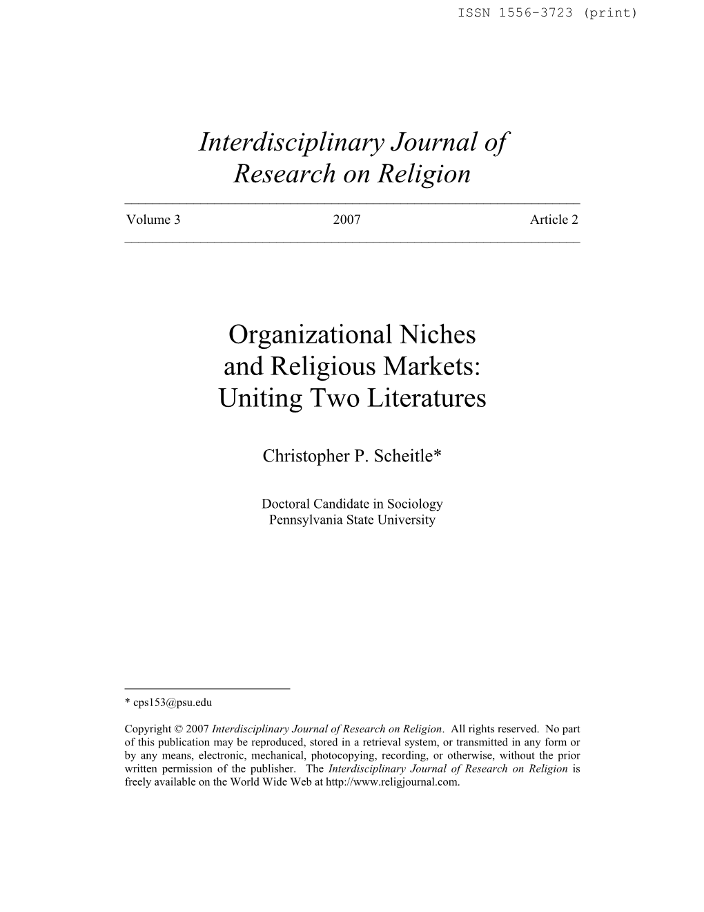 Interdisciplinary Journal of Research on Religion Organizational Niches