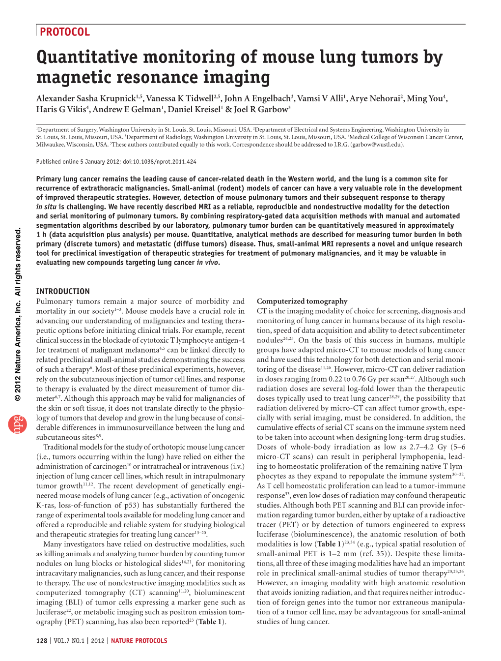 Quantitative Monitoring of Mouse Lung Tumors by Magnetic Resonance