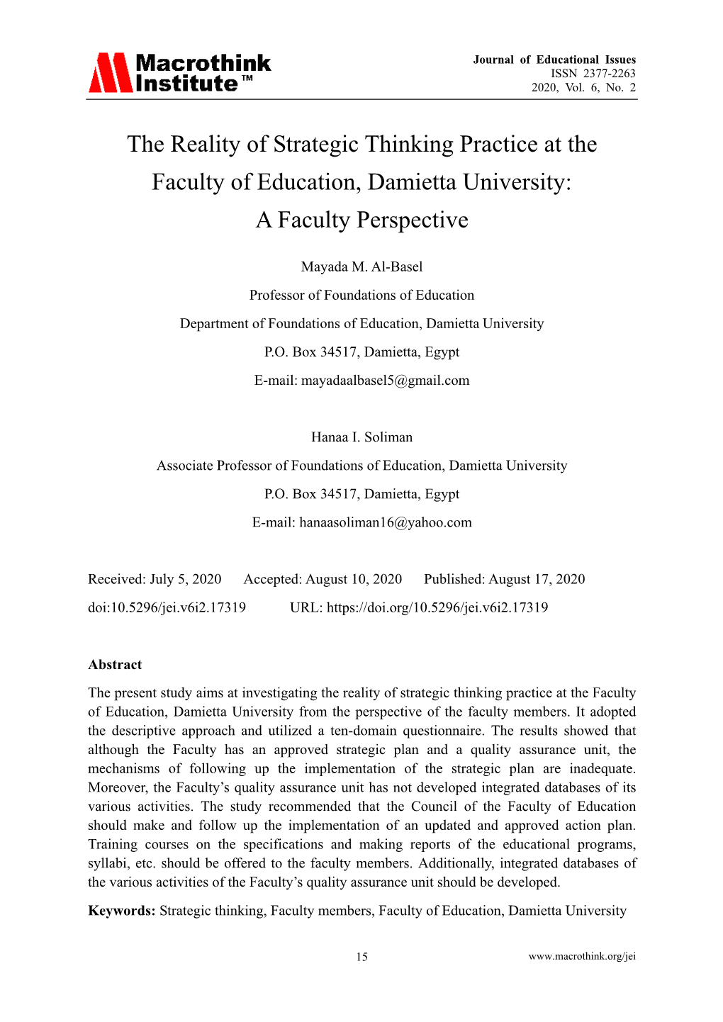 The Reality of Strategic Thinking Practice at the Faculty of Education, Damietta University: a Faculty Perspective