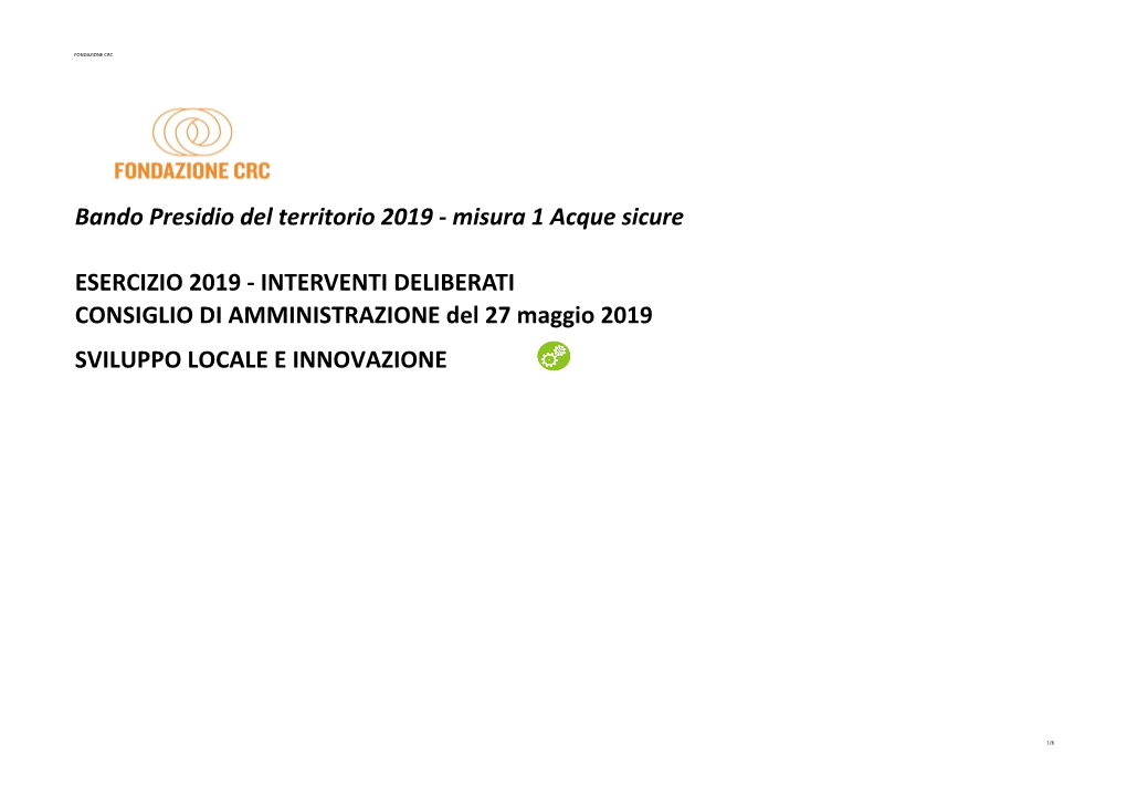 Bando Presidio Del Territorio 2019 - Misura 1 Acque Sicure