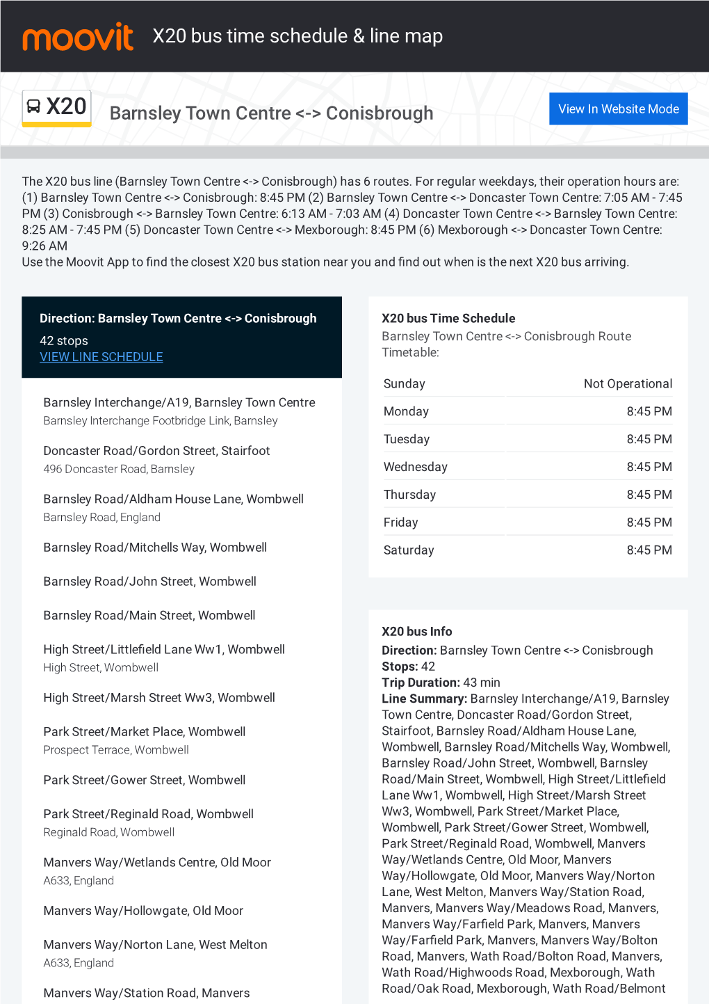 X20 Bus Time Schedule & Line Route