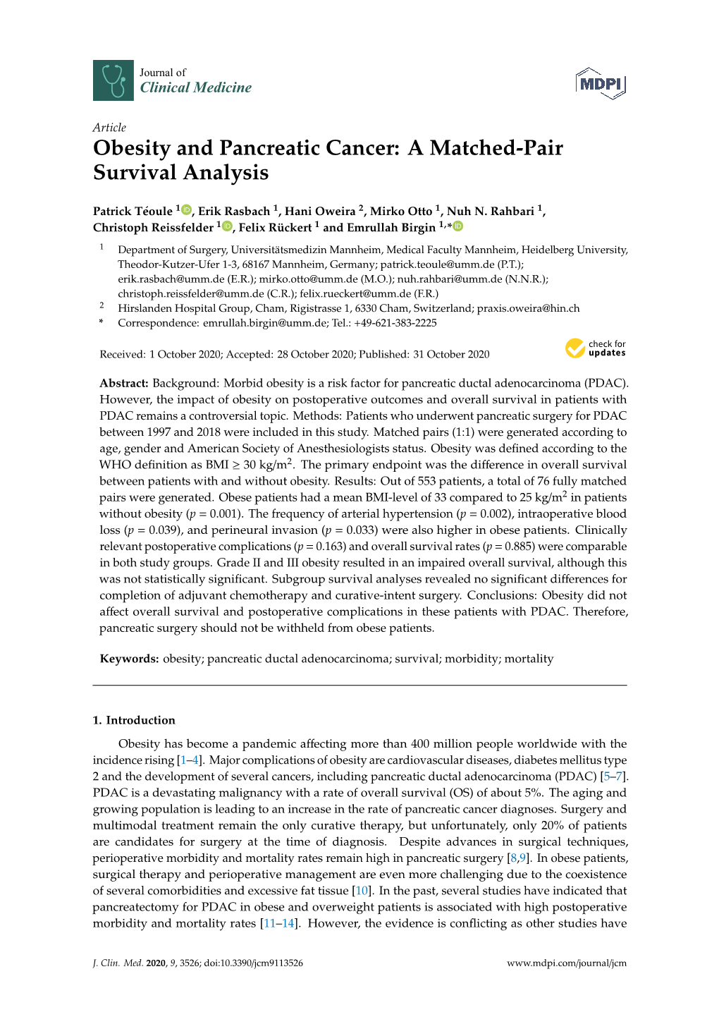 Obesity and Pancreatic Cancer: a Matched-Pair Survival Analysis