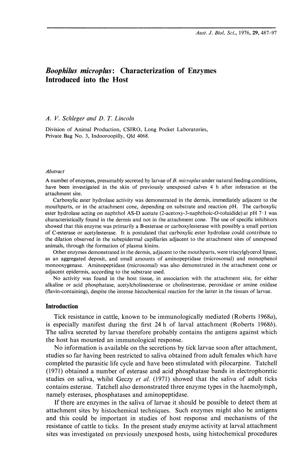 Boophilus Microplus: Characterization of Enzymes Introduced Into the Host