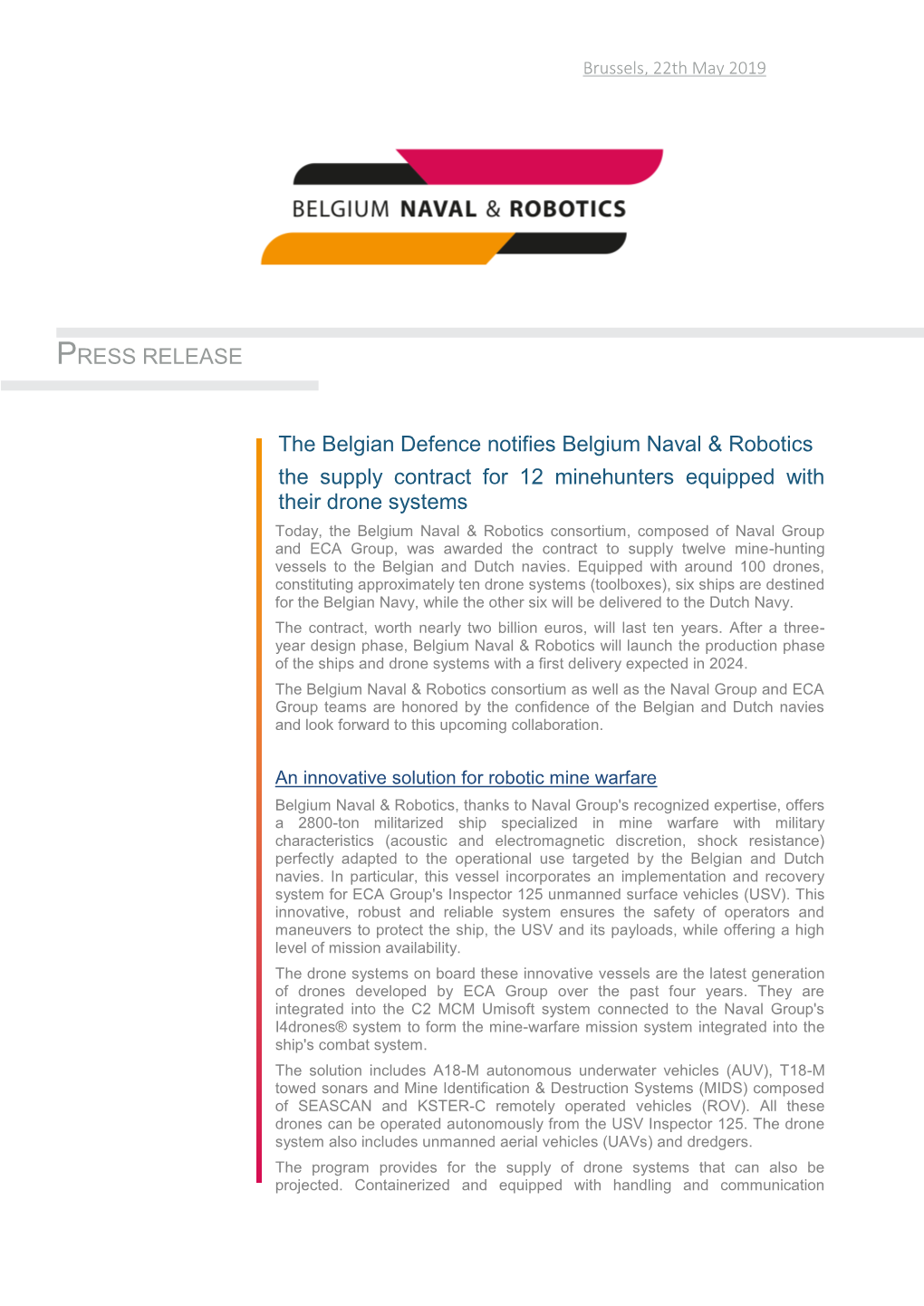 PRESS RELEASE the Belgian Defence Notifies Belgium Naval