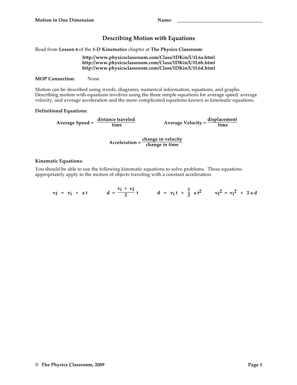 Describing Motion with Equations