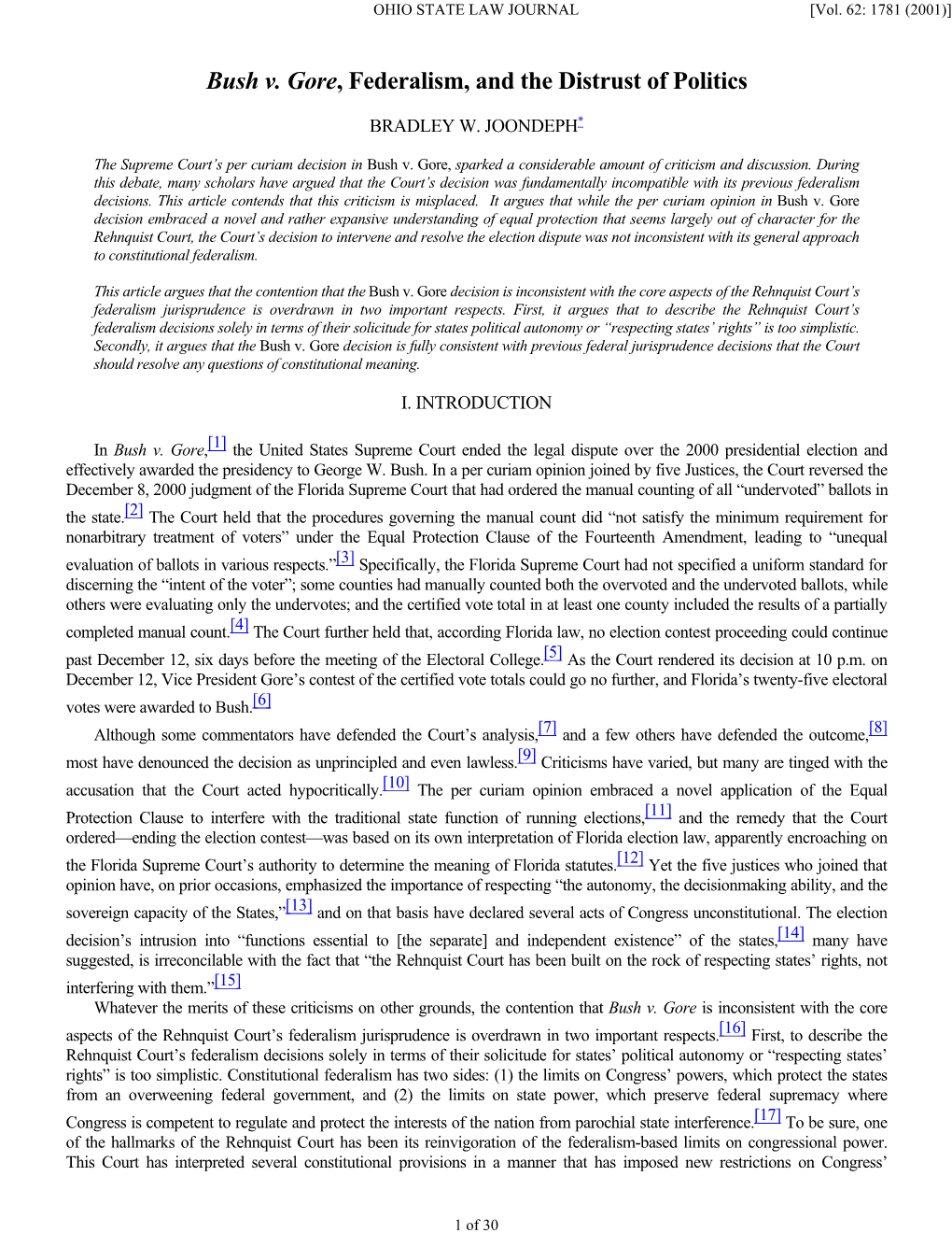 Bush V. Gore, Federalism, and the Distrust of Politics