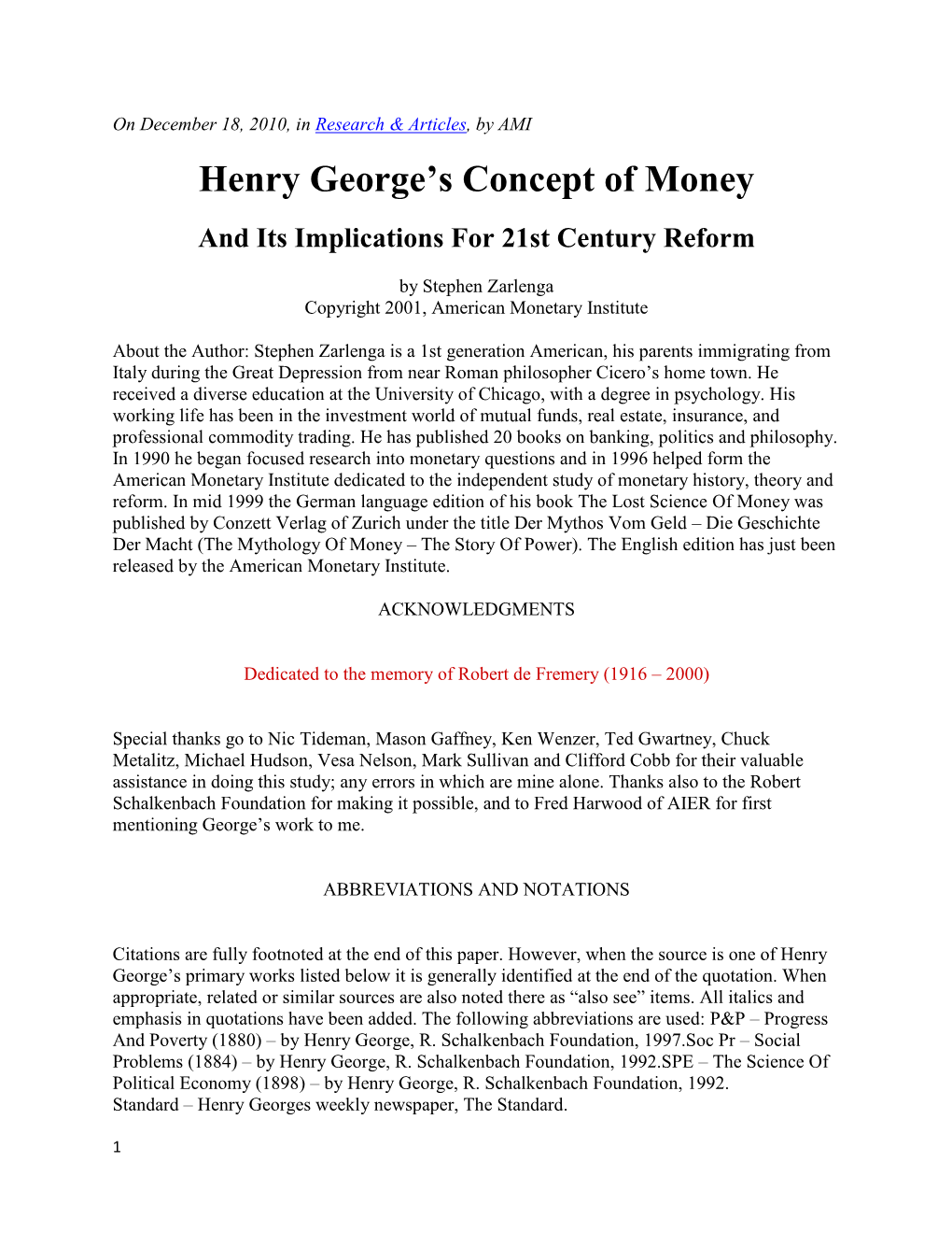 Henry George's Concept of Money
