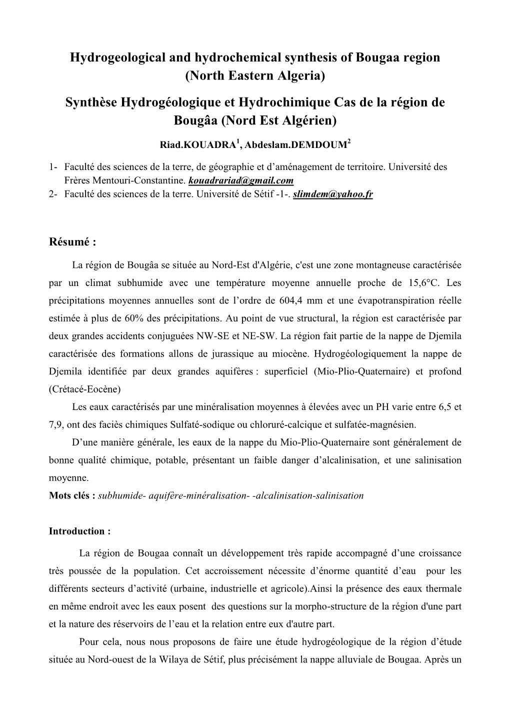 Hydrogeological and Hydrochemical Synthesis of Bougaa Region (North