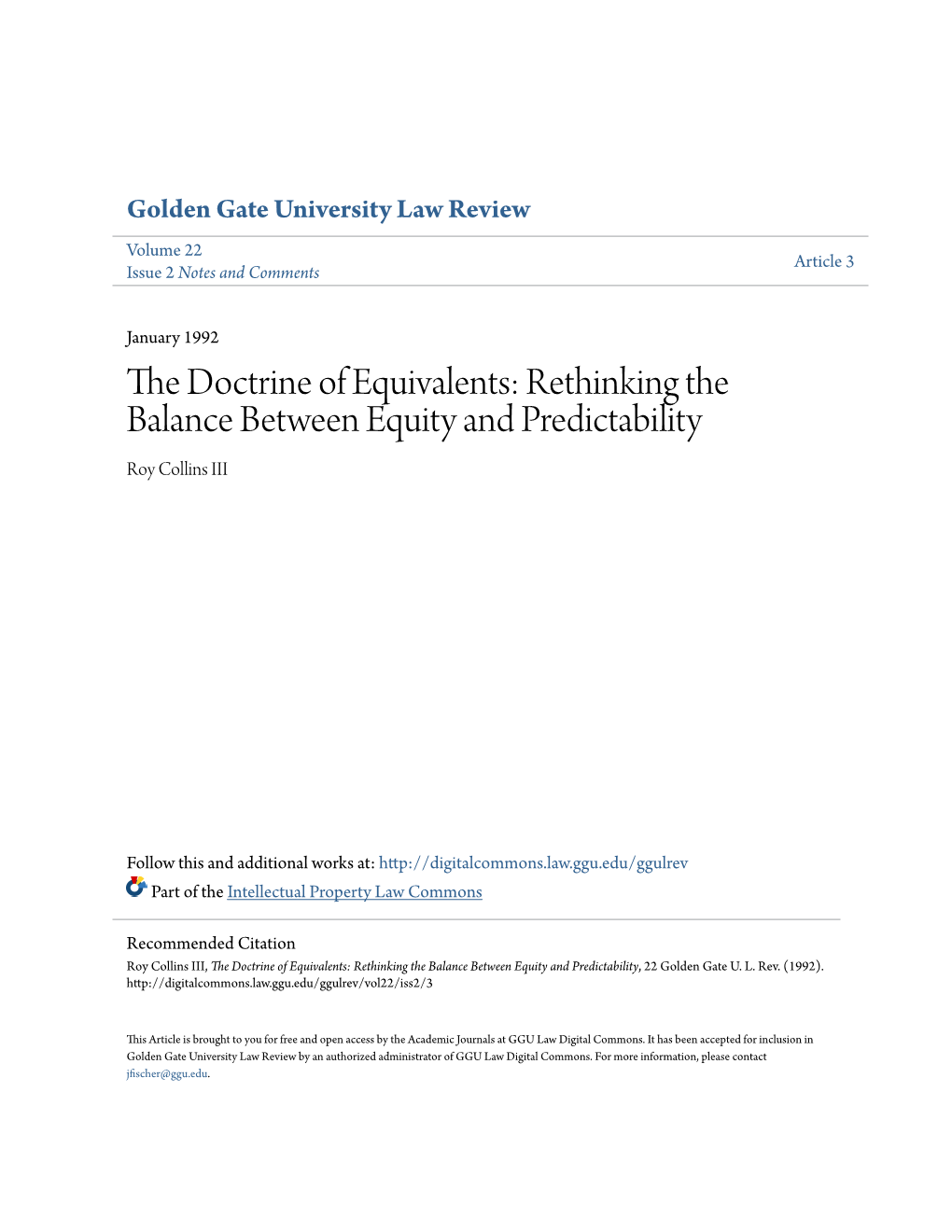 The Doctrine of Equivalents: Rethinking the Balance Between Equity and Predictability, 22 Golden Gate U