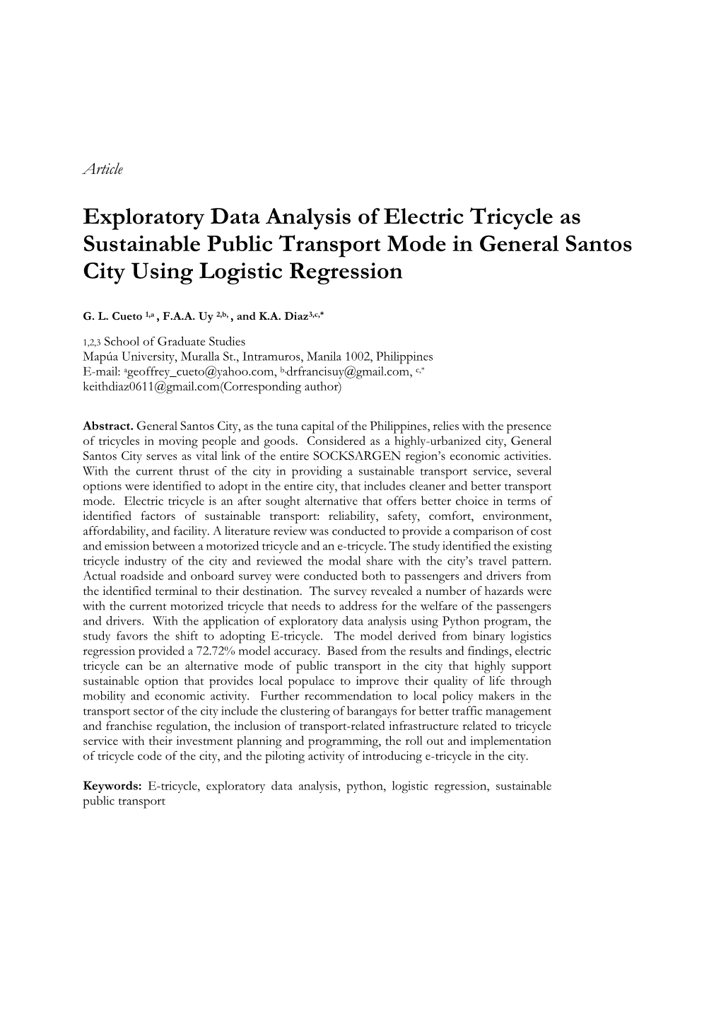 Exploratory Data Analysis of Electric Tricycle As Sustainable Public Transport Mode in General Santos City Using Logistic Regression