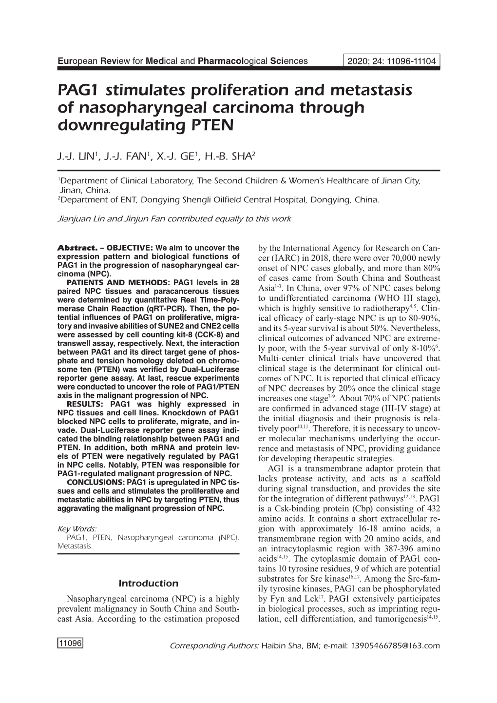 PAG1 Stimulates Proliferation and Metastasis of Nasopharyngeal Carcinoma Through Downregulating PTEN