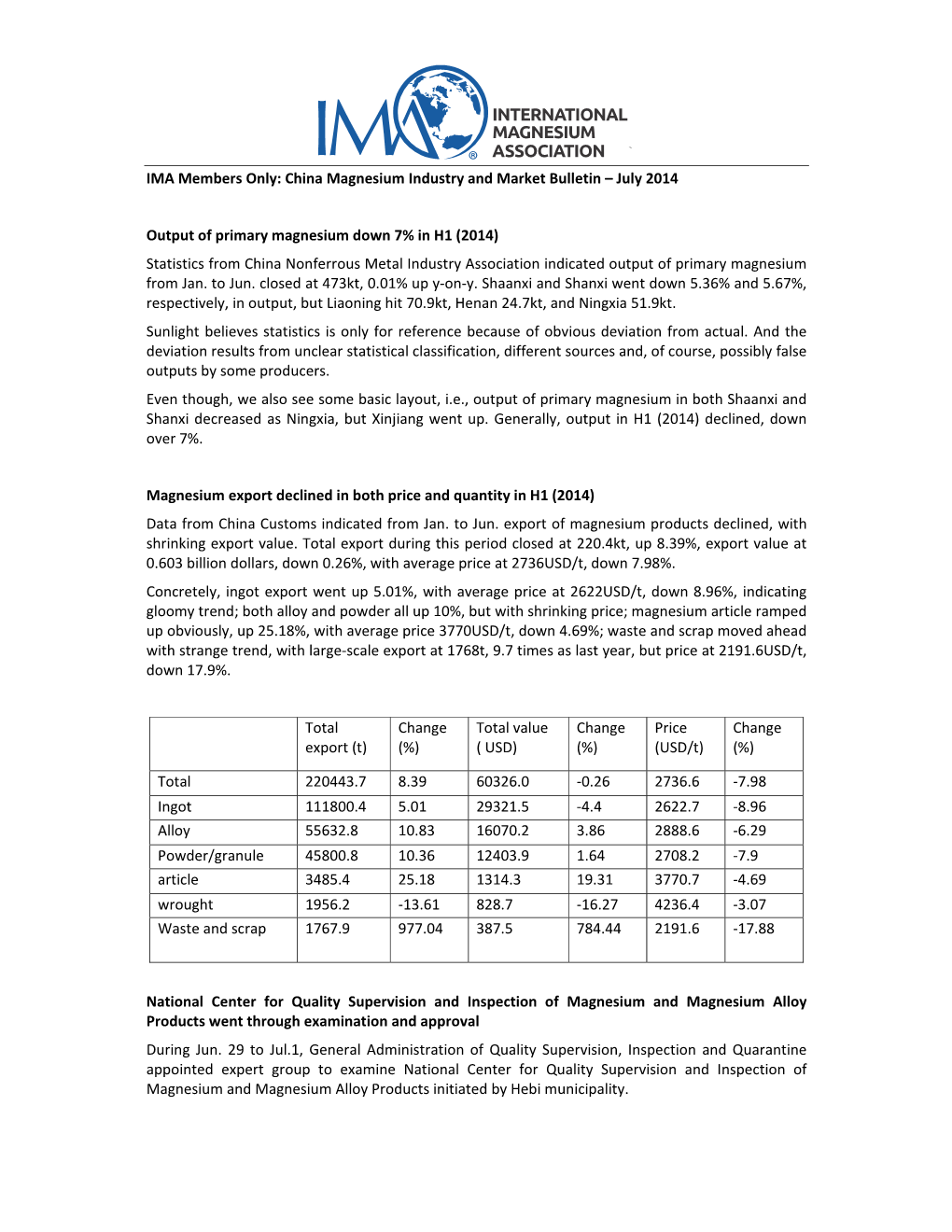 IMA Members Only: China Magnesium Industry and Market Bulletin – July 2014