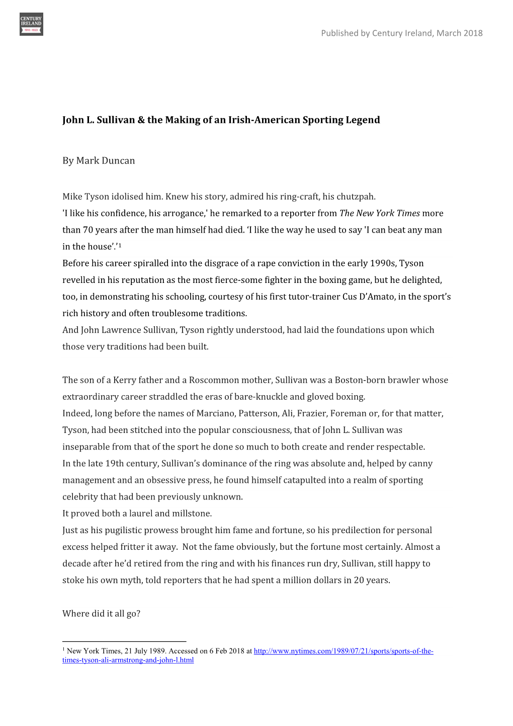 John L. Sullivan & the Making of an Irish-American Sporting Legend By