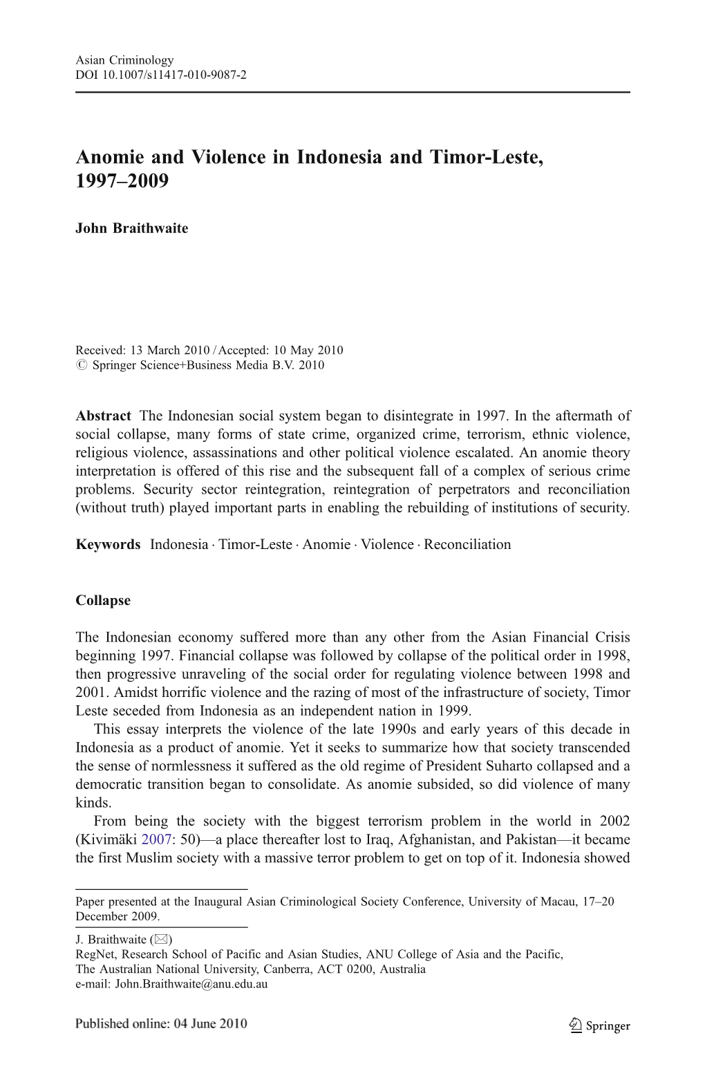 Anomie and Violence in Indonesia and East Timor 1997-2009