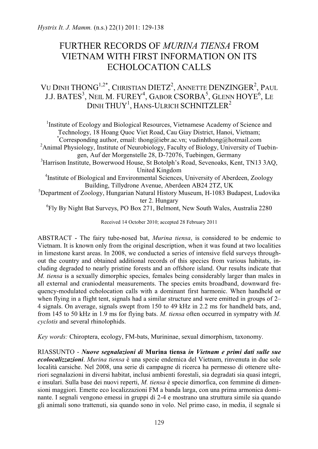 Further Records of Murina Tiensa from Vietnam with First Information on Its Echolocation Calls