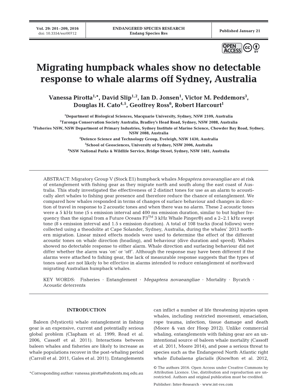 Migrating Humpback Whales Show No Detectable Response to Whale Alarms Off Sydney, Australia