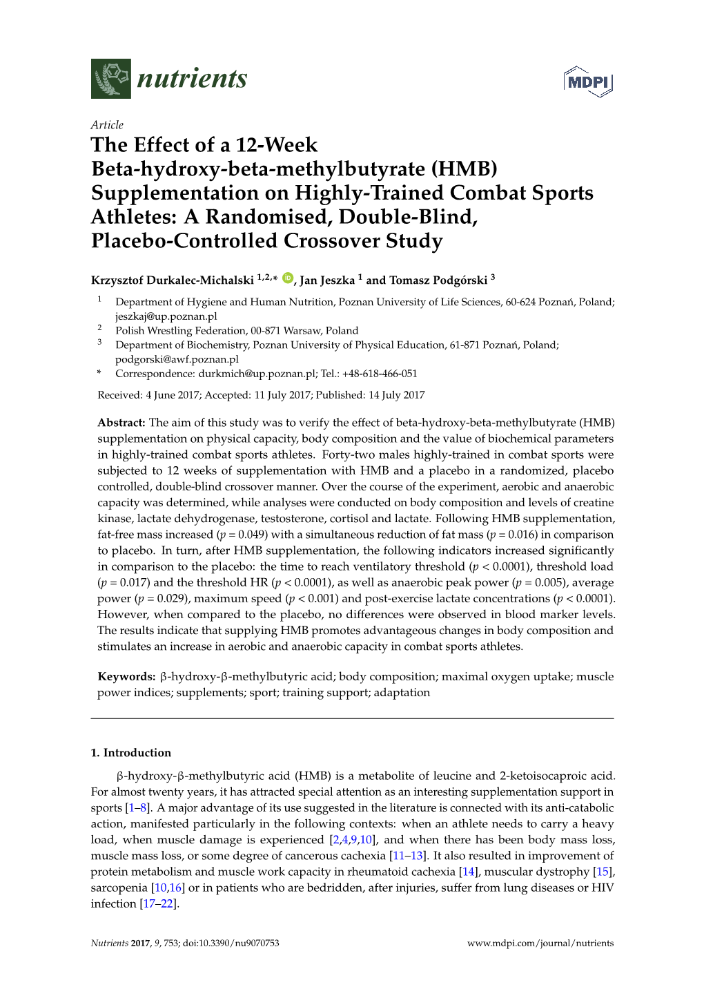 Supplementation on Highly-Trained Combat Sports Athletes: a Randomised, Double-Blind, Placebo-Controlled Crossover Study