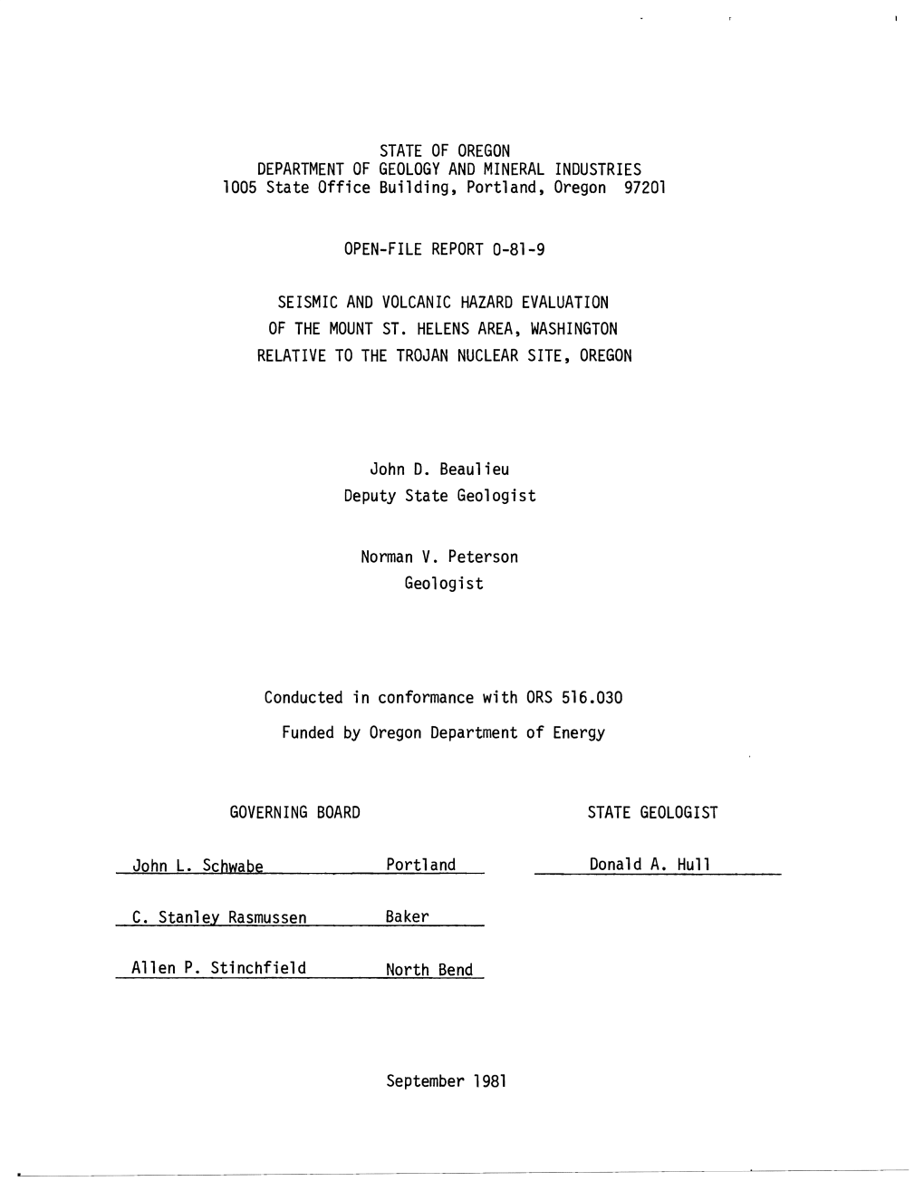 DOGAMI Open-File Report O-81-09, Seismic and Volcanic Hazard