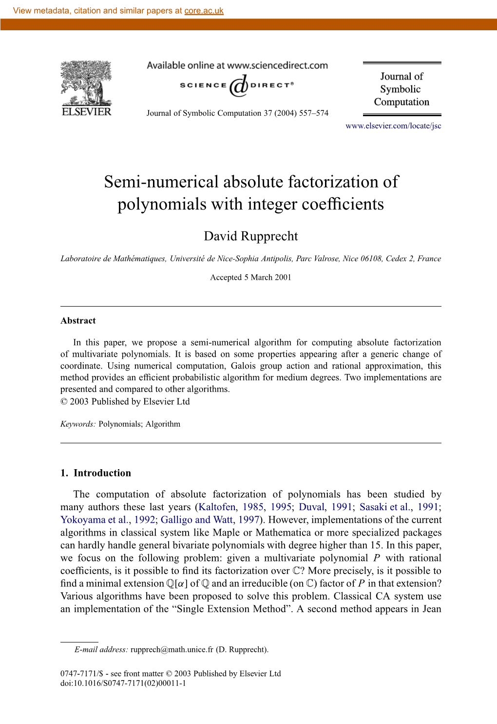 Semi-Numerical Absolute Factorization of Polynomials with Integer Coefﬁcients