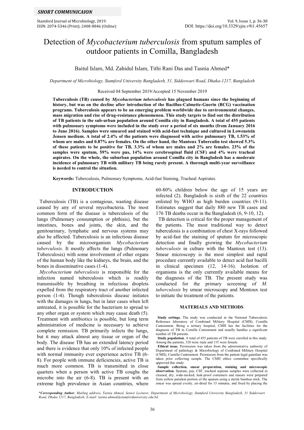 Mycobacterium Tuberculosis from Sputum Samples of Outdoor Patients in Comilla, Bangladesh