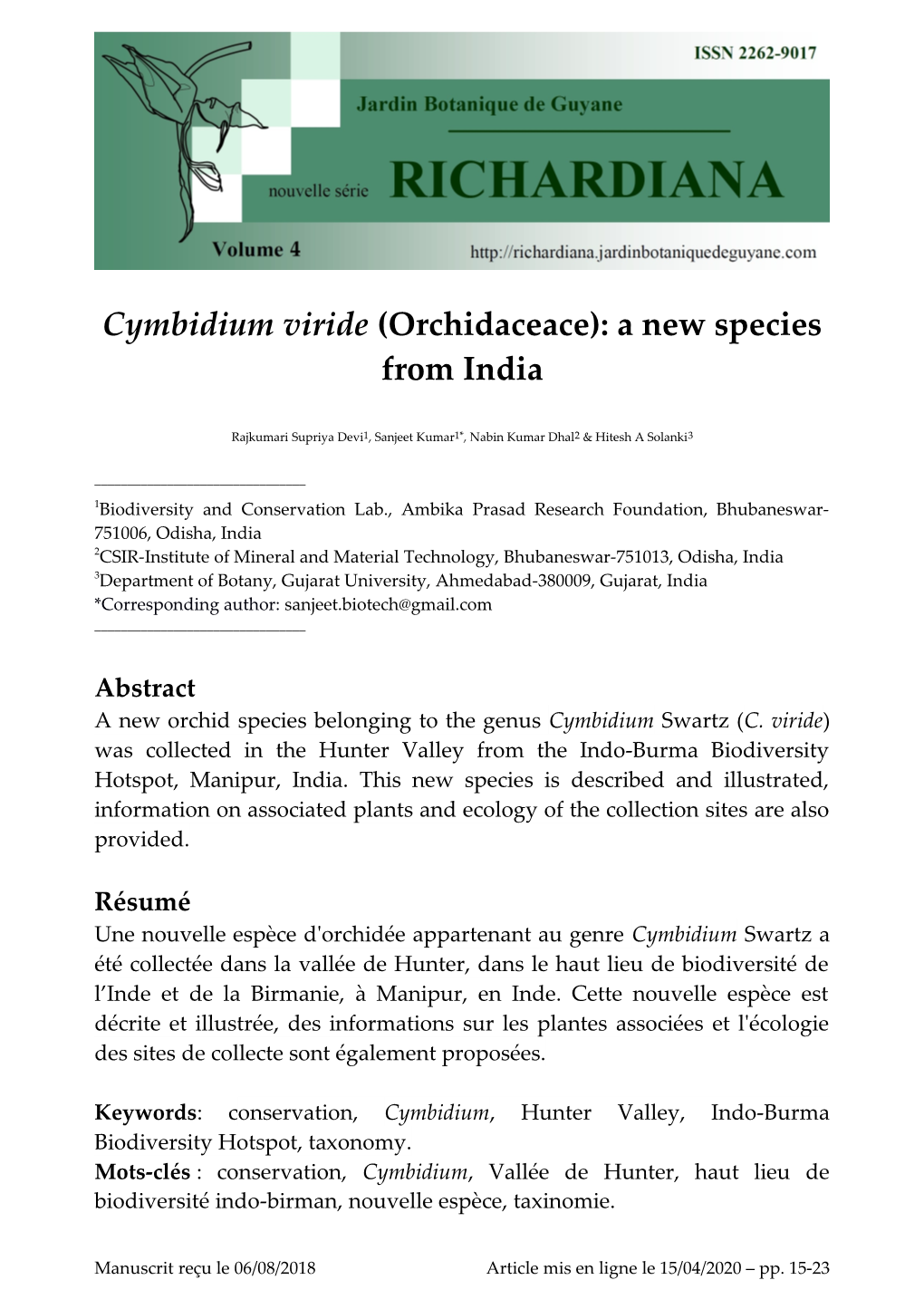 Cymbidium Viride (Orchidaceace): a New Species from India