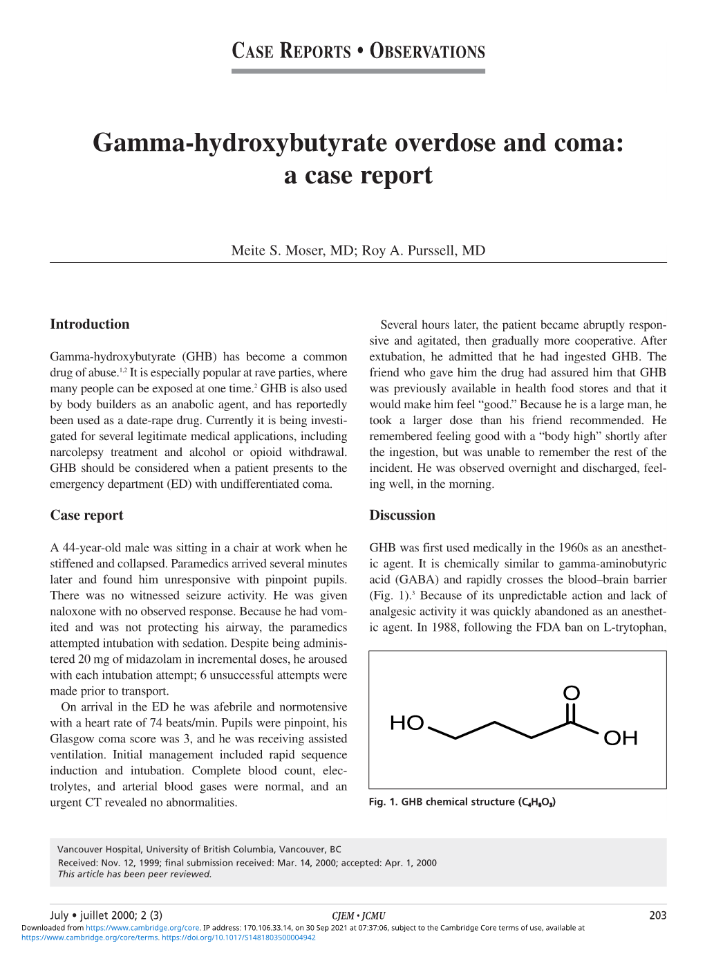 Gamma-Hydroxybutyrate Overdose and Coma: a Case Report