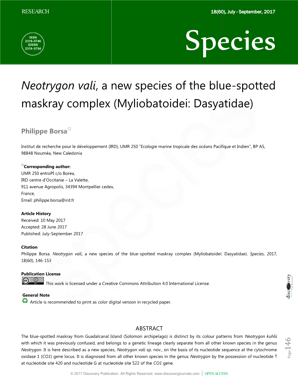 Neotrygon Vali, a New Species of the Blue-Spotted Maskray Complex (Myliobatoidei: Dasyatidae)