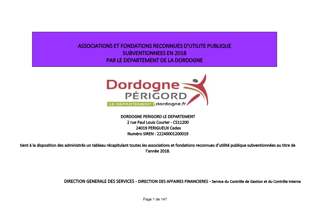 Associations Et Fondations Reconnues D'utilite Publique Subventionnees En 2018 Par Le Departement De La Dordogne